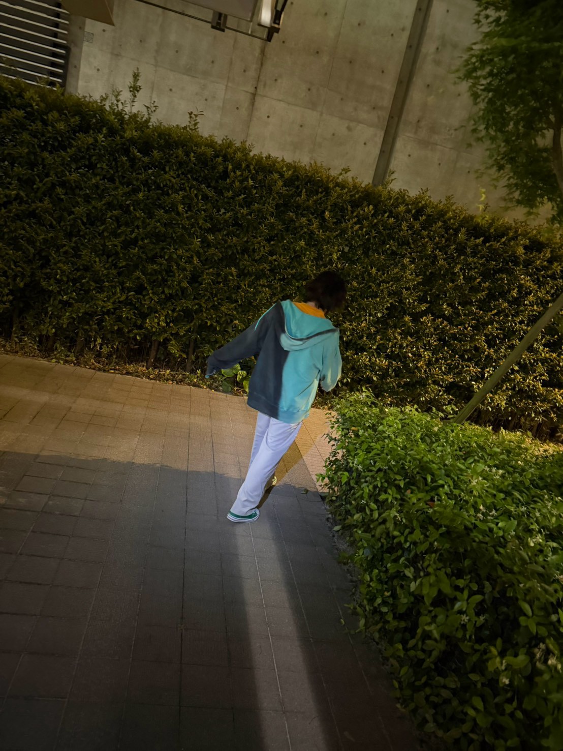 夜の街を歩くSHAKEの後ろ姿